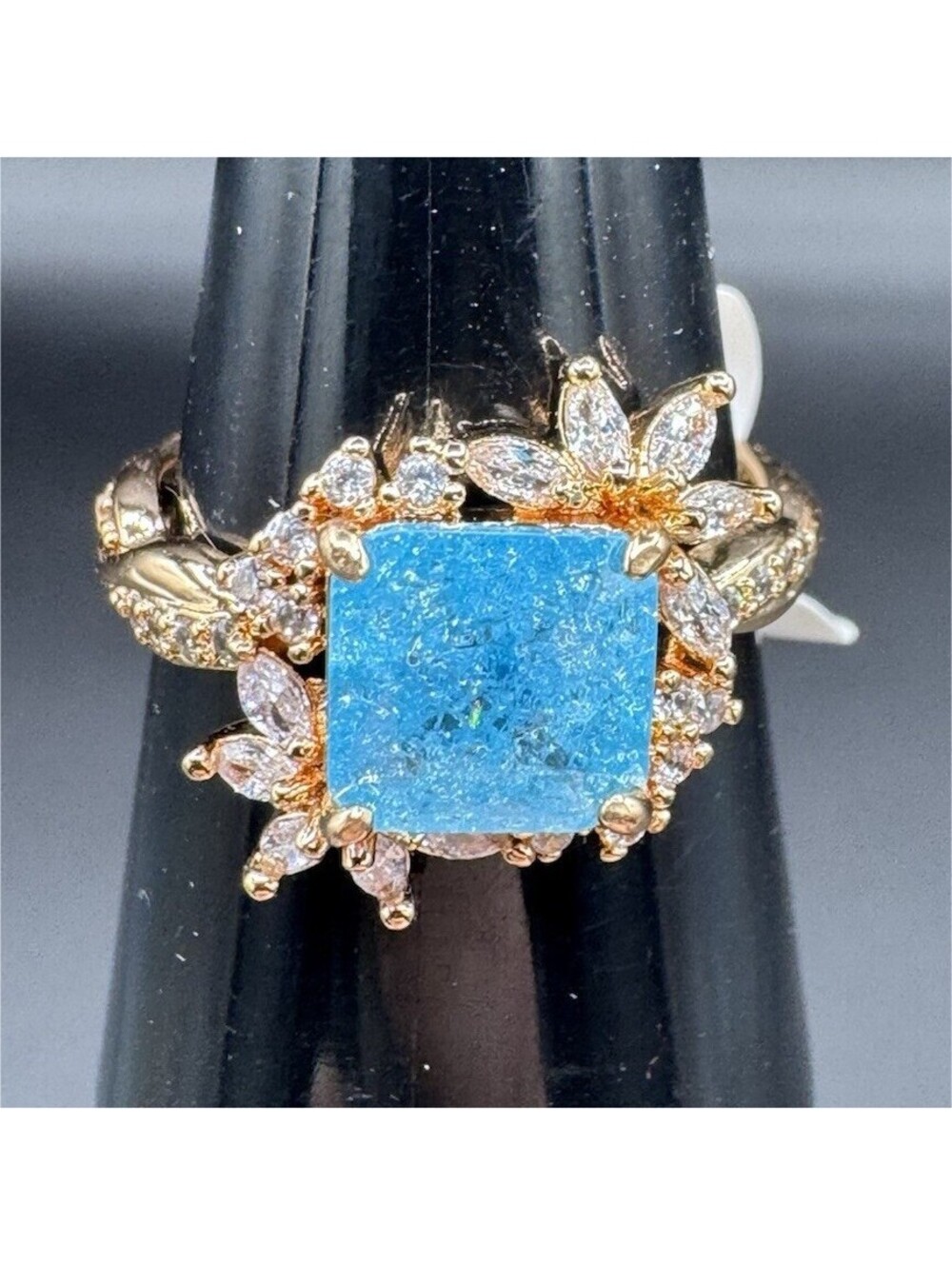 Bomb Party Pure Bliss Rose Gold Plated Lab Aquamarine Crystal Ring Sz 8 RBP3669